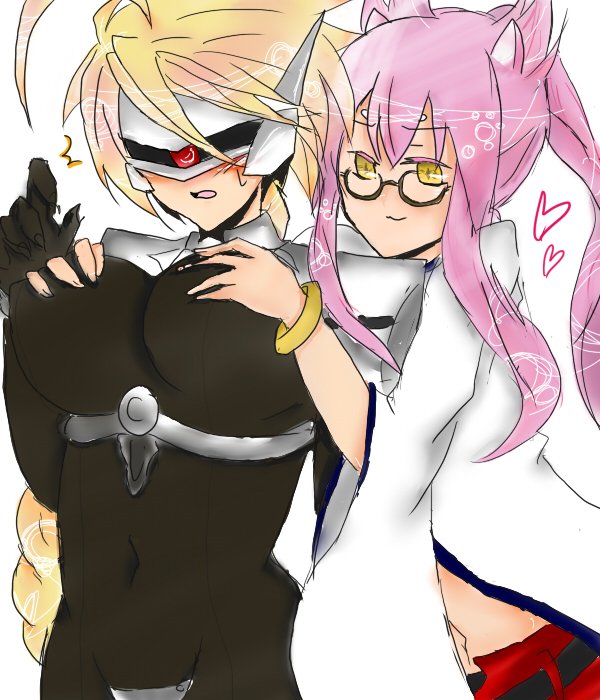 :3 ahoge animal_ears bad_id bad_pixiv_id blazblue blonde_hair braid breast_grab breasts cat_ears glasses grabbing kokonoe lambda-11 large_breasts multiple_girls pink_hair visor yellow_eyes