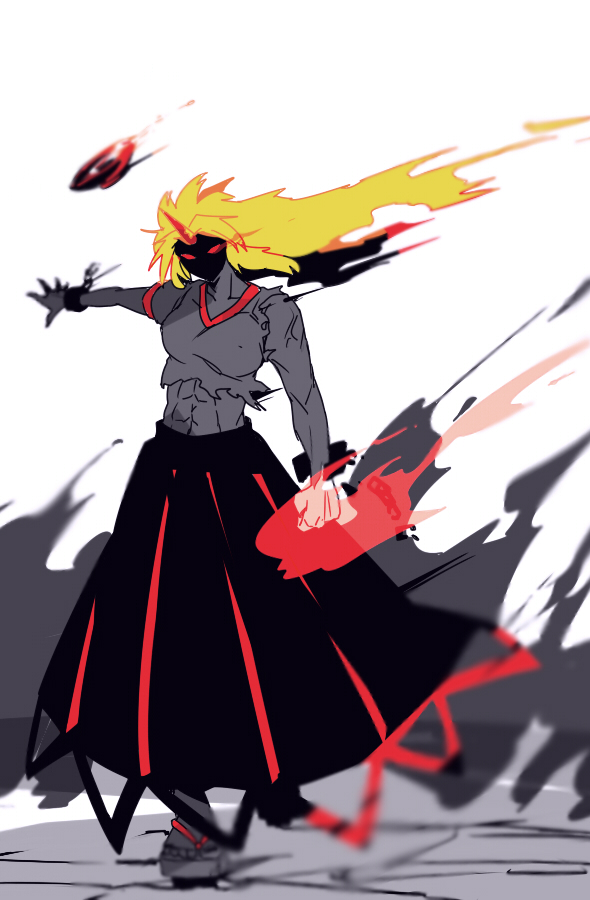 abs bad_id bad_pixiv_id banned_artist blonde_hair chain chikage_(kinokodou) clenched_hand cuffs cup demon_form fire flame glowing glowing_eyes horn hoshiguma_yuugi light_trail long_hair long_skirt muscle red_eyes sakazuki skirt solo throwing torn_clothes touhou very_long_hair