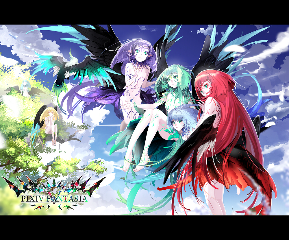 bad_id bad_pixiv_id barefoot bird fantasy feathered_wings feathers green_hair harpy kabi_(kb) long_hair monster_girl multiple_girls nude pixiv_fantasia pixiv_fantasia_5 pointy_ears purple_hair red_hair sky tattoo toes wings