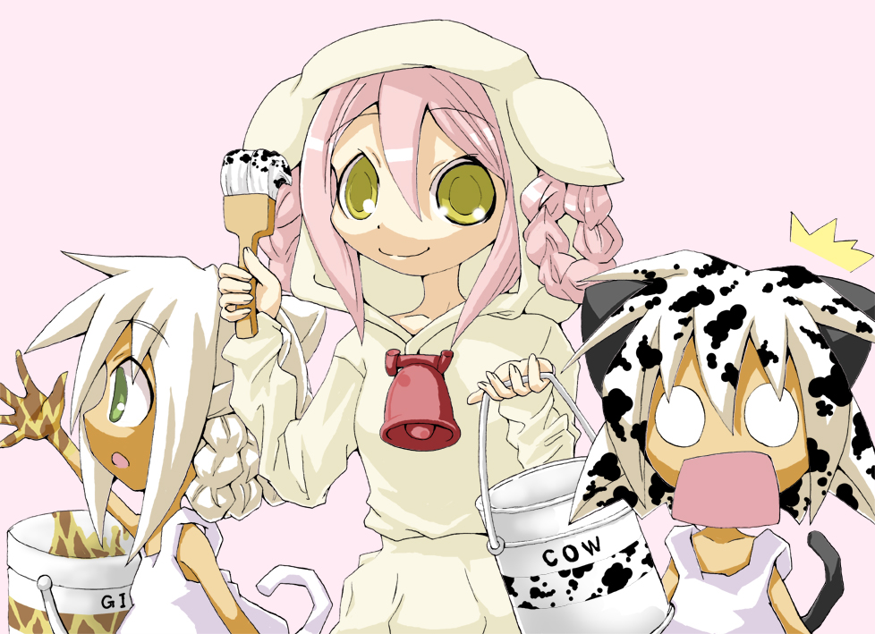 animal_ears bell bucket cow_bell crossover dress ga_geijutsuka_art_design_class green_eyes hitsugi_katsugi_no_kuro multiple_girls nijuku noda_miki paint paintbrush pink_hair robe sanju sundress tail yas_siromegane yellow_eyes