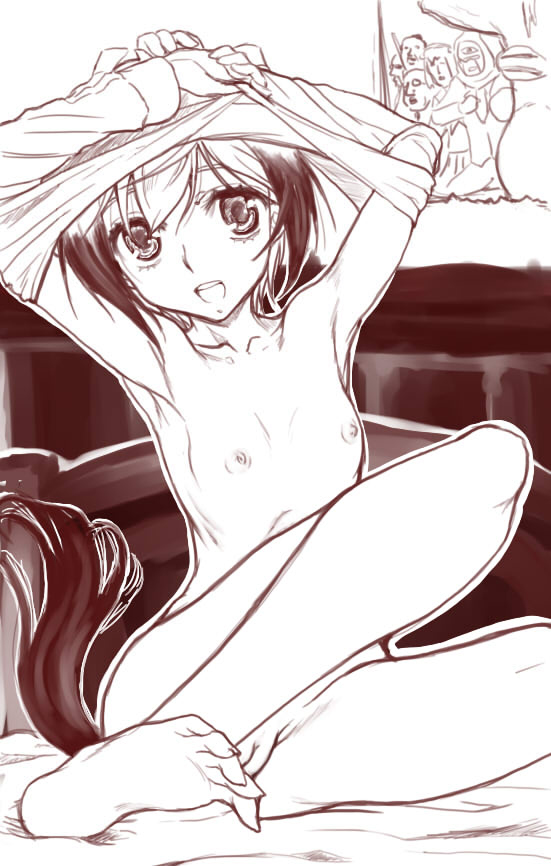 armpits arms_up bad_feet barefoot erica_hartmann flat_chest marie_(bethlehem) monochrome nipples nude open_mouth pussy soles solo strike_witches tail undressing world_witches_series