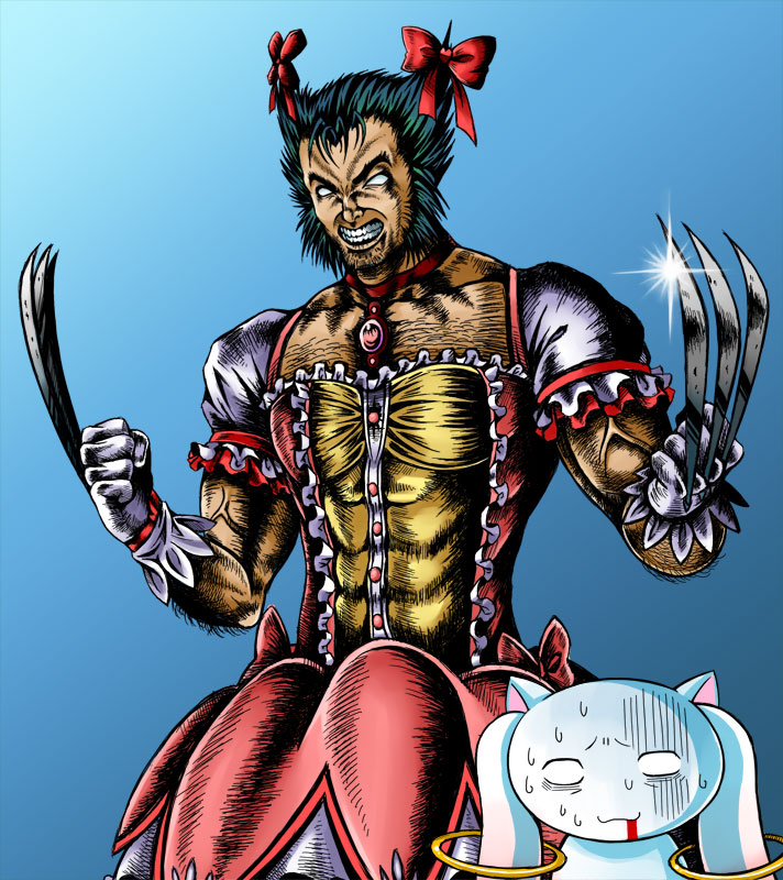bad_id bad_pixiv_id black_hair chest_hair claws clenched_teeth cosplay crossover gloves haruma1192 kaname_madoka kaname_madoka_(cosplay) kyubey magical_girl mahou_shoujo_madoka_magica marvel muscle no_pupils smile teeth veins wolverine