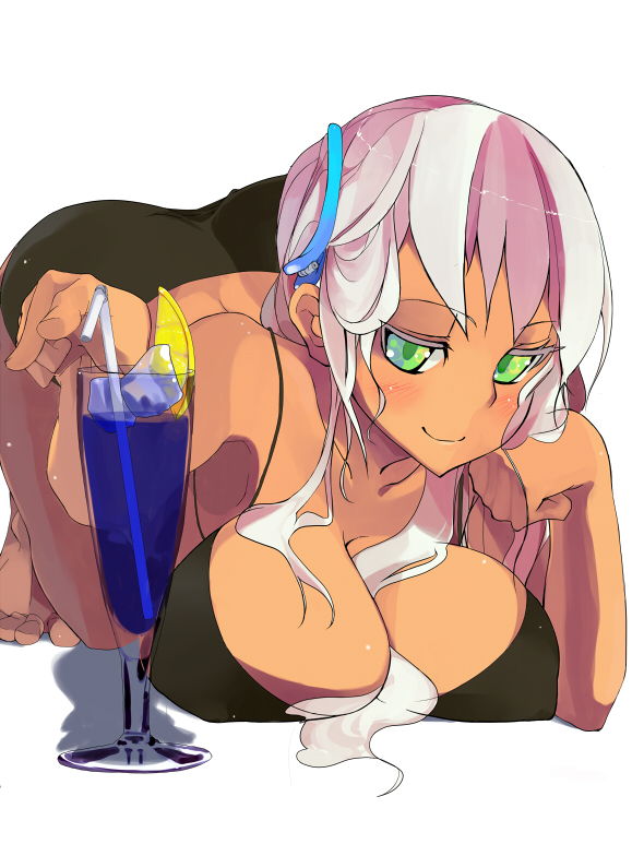 ass barefoot between_breasts blush breast_rest breasts cleavage dark_skin drink drinking_straw eightman food fruit green_eyes hair_ornament hairclip huge_breasts ice ice_cube lemon long_hair multicolored multicolored_eyes multicolored_hair original simple_background smile solo string_bikini white_hair