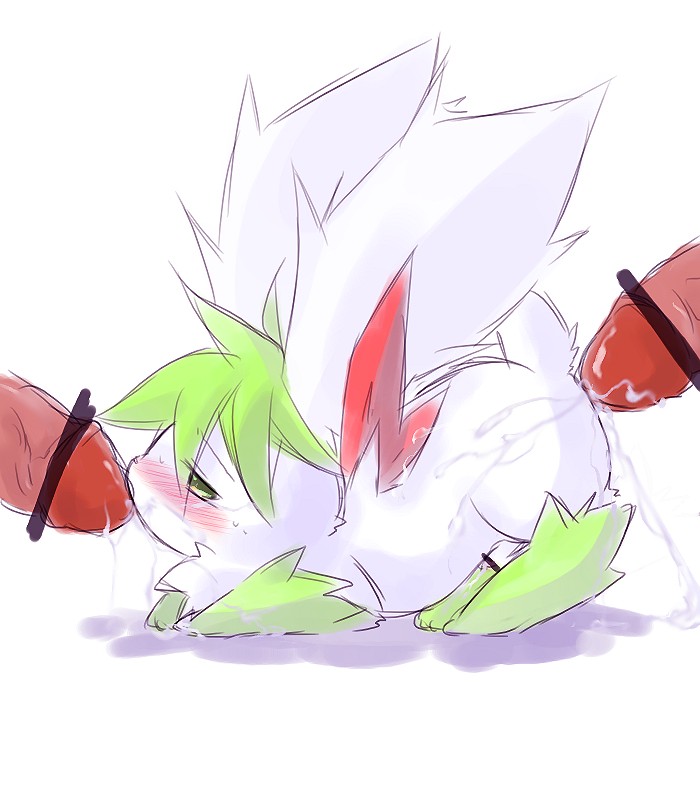 all_fours anal censored cum disembodied_penis from_behind gay green_eyes hatsuga male oral penis pok&eacute;mon shaymin shaymin_(sky_form) size_difference white