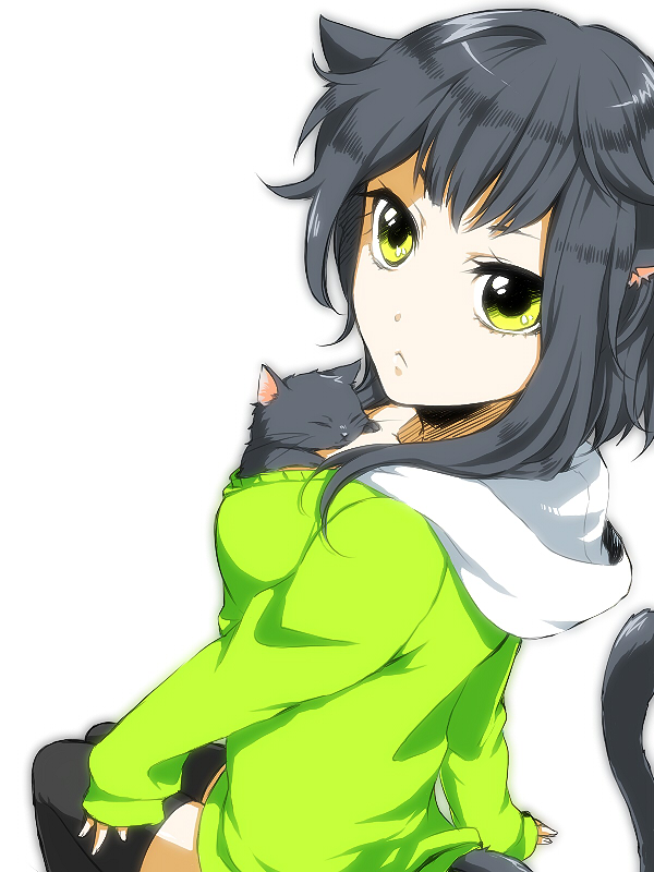 animal_ears bad_id bad_pixiv_id between_breasts black_cat black_hair black_legwear breasts cardigan cat cat_ears cat_tail from_above hood hood_down hoodie kca original simple_background sitting sleeves_past_wrists solo tail thighhighs yellow_eyes