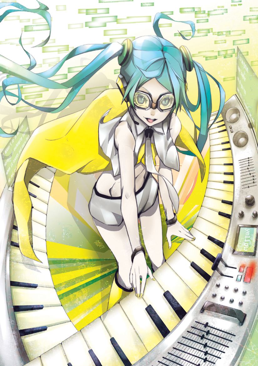 aqua_hair blue_eyes boots bracelet goggles hatsune_miku headphones headset instrument jewelry keyboard_(instrument) knee_boots long_hair midriff necktie open_mouth project_diva_(series) project_diva_2nd shiro_(nitto) solo twintails very_long_hair vocaloid yellow_(vocaloid)