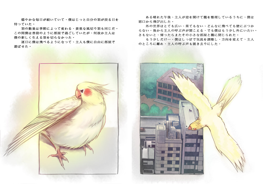 city cockatiel comic era_(traveling_bird) flying no_humans original parrot translated