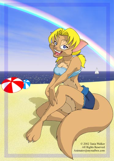beach blonde_hair blue_eyes brown canine female fox hair long_blonde_hair long_hair looking_at_viewer seaside sitting soft solo tania_walker twin_tails water