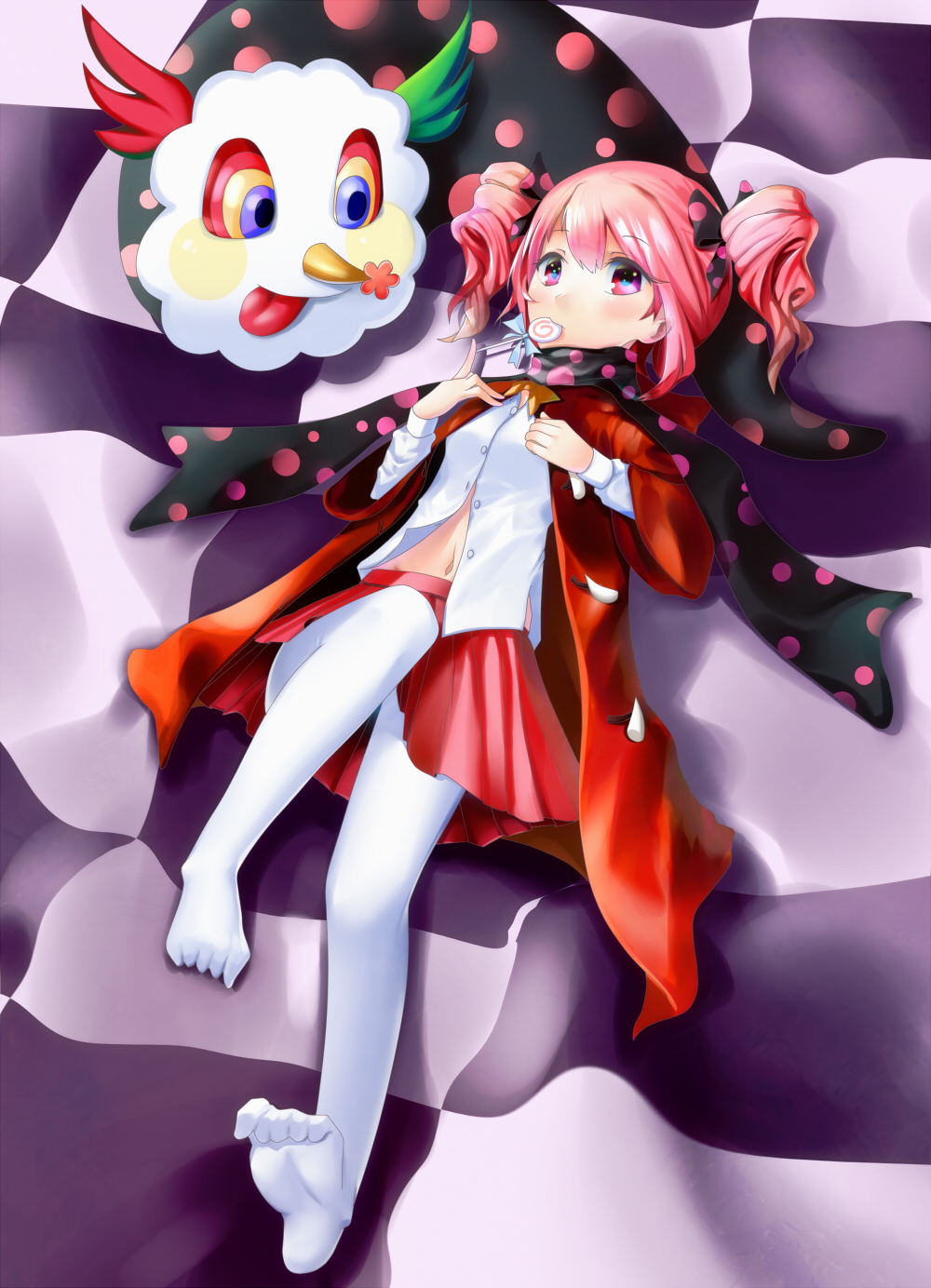 :q candy charlotte_(madoka_magica) checkered checkered_floor drill_hair fenyuat food highres lollipop long_sleeves lying mahou_shoujo_madoka_magica navel on_back on_floor pantyhose personification pink_eyes pink_hair scarf shirt short_hair solo toe_scrunch tongue tongue_out twin_drills twintails white_legwear white_shirt