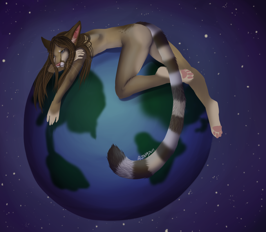ajna brown_hair earth feline female giga hair interplanetary_macro macro mammal nude solo space tee