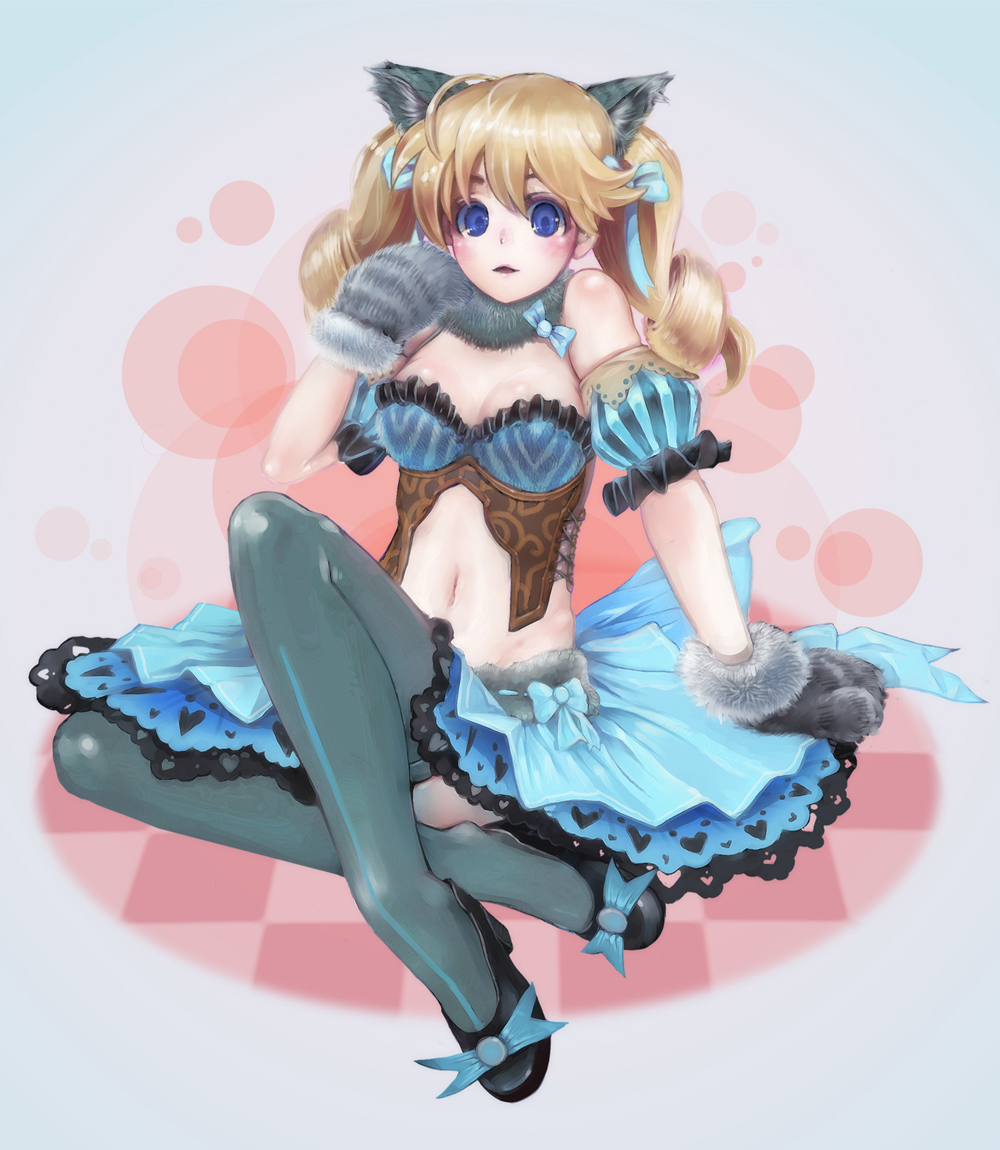 animal_ears blonde_hair blue_eyes blush bow cat_ears checkered checkered_floor fantasy_earth_zero gloves navel open_mouth shoes sitting skirt solo thighhighs tmg twintails