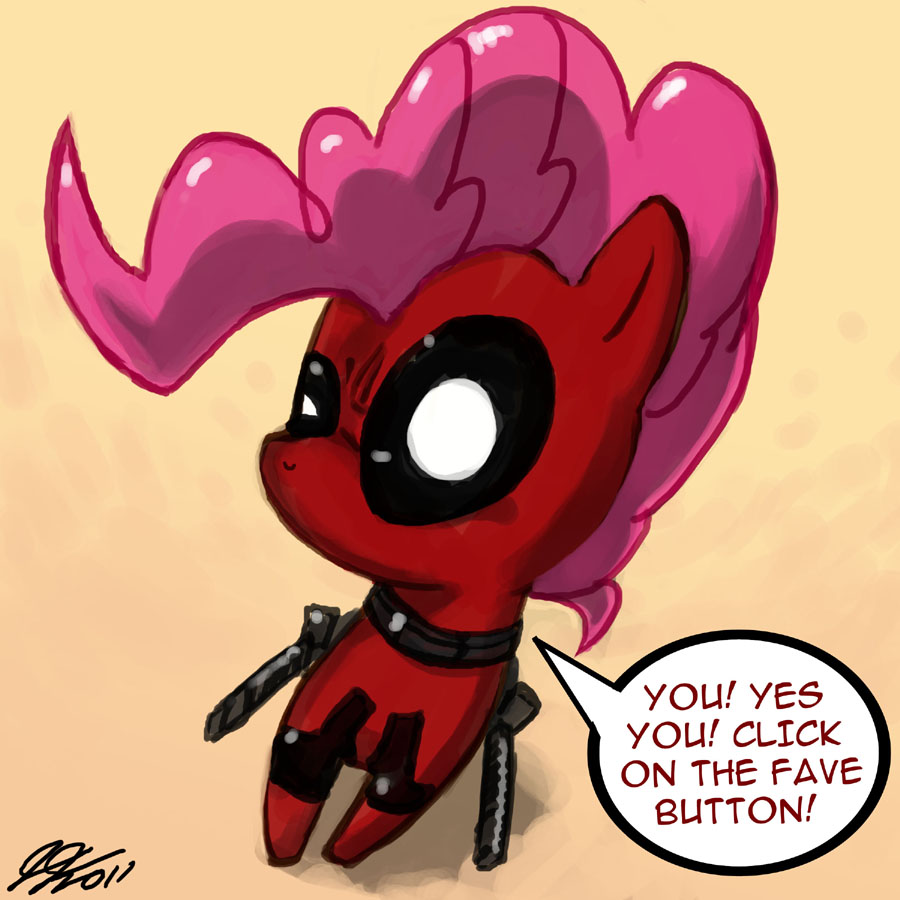breaking_the_fourth_wall deadpool english_text equine female feral friendship_is_magic hair horse john_joseco mammal marvel mask my_little_pony pink_hair pinkie_pie_(mlp) pinkiepool_(mlp) pony skinsuit solo sword text weapon white_eyes