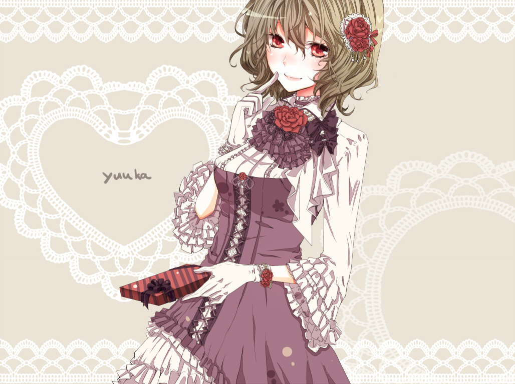 alternate_costume bow character_name doily dress finger_to_mouth flower frilled_sleeves frills gloves green_eyes hair_flower hair_ornament heart karunabaru kazami_yuuka lace_border lolita_fashion red_eyes red_flower red_rose rose short_hair smile solo touhou valentine wide_sleeves