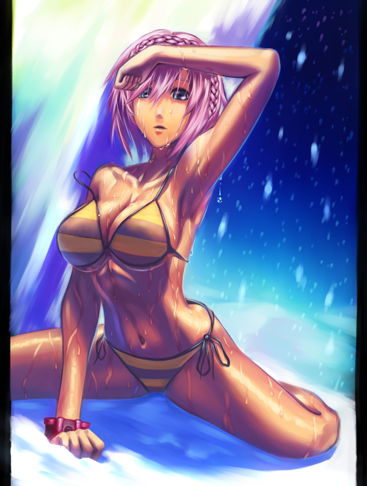 arm_support armpits bikini blue_eyes braid breasts cleavage collarbone daiba_canon doi_tabasuko god_eater god_eater_burst large_breasts navel pillarboxed purple_hair realistic shading_eyes short_hair showering side-tie_bikini sitting solo spread_legs strap_slip striped striped_bikini swimsuit twin_braids wariza wet