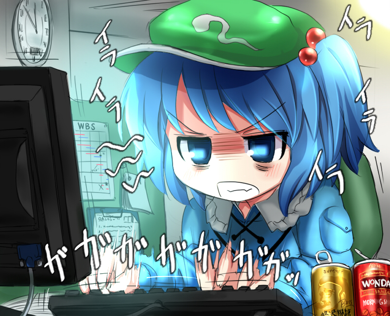 angry annoyed backpack bag bags_under_eyes blue_eyes blue_hair commentary_request computer hair_bobbles hair_ornament hat inyucchi kawashiro_nitori short_hair sitting solo touhou translated two_side_up typing working