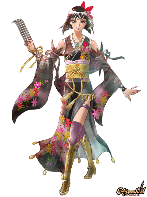 bare_shoulders black_hair black_kimono bow brooch brown_footwear claw_(weapon) claws copyright_name detached_sleeves end_breaker! floral_print full_body grey_eyes hair_bow japanese_clothes jewelry kimono looking_at_viewer obi purple_legwear red_bow sash short_hair smile solo standing thigh_strap thighhighs usuda_hiro watermark weapon white_background wide_sleeves