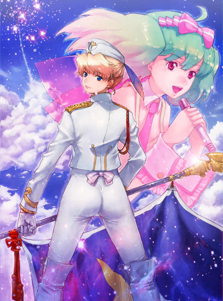 ahoge aiguillette alternate_costume ass birdhuman blonde_hair blue_eyes bow boyaking cloud feathers flag from_behind gloves green_hair hat light_smile looking_back macross macross_frontier mayan microphone military military_uniform multiple_girls necktie protoculture ranka_lee red_eyes sheryl_nome skin_tight standing top_hat uniform