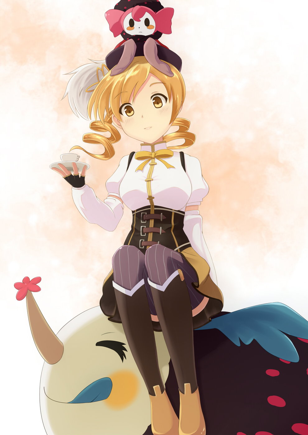 :q bad_id bad_pixiv_id beret blonde_hair boots breasts charlotte_(madoka_magica) cup detached_sleeves drill_hair fingerless_gloves gloves hair_ornament hat head_tilt highres large_breasts magical_girl mahou_shoujo_madoka_magica momo_no_kanzume on_head pleated_skirt puffy_sleeves skirt teacup thighhighs tomoe_mami tongue tongue_out yellow_eyes