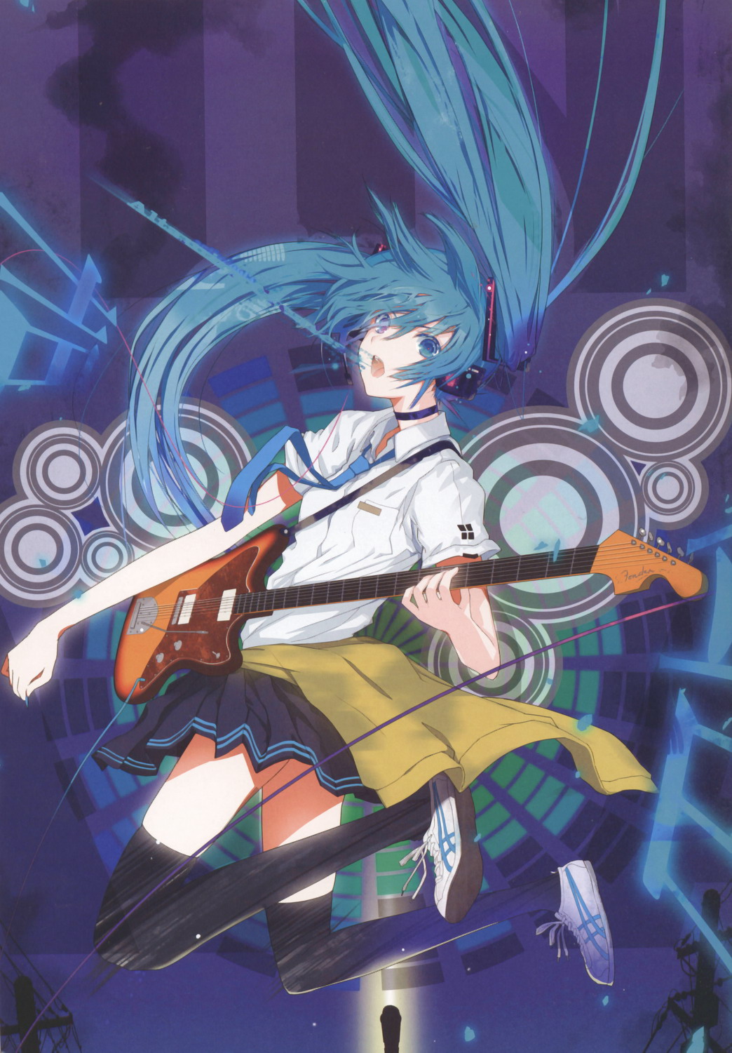 black_legwear blue_eyes blue_hair electric_guitar fuyuno_haruaki guitar hair_ornament hatsune_miku headphones highres instrument jumping long_hair looking_back necktie open_mouth school_uniform shoes skirt sneakers solo thighhighs twintails very_long_hair vocaloid