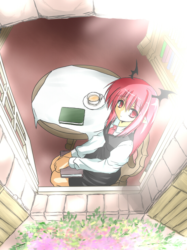 bad_id bad_pixiv_id bat_wings book chair cup dress flower from_above goma_(gomasamune) hands_on_lap head_wings koakuma long_hair looking_up necktie pointy_ears red_eyes red_hair sitting solo sunlight table teacup touhou v_arms vest window windowsill wings