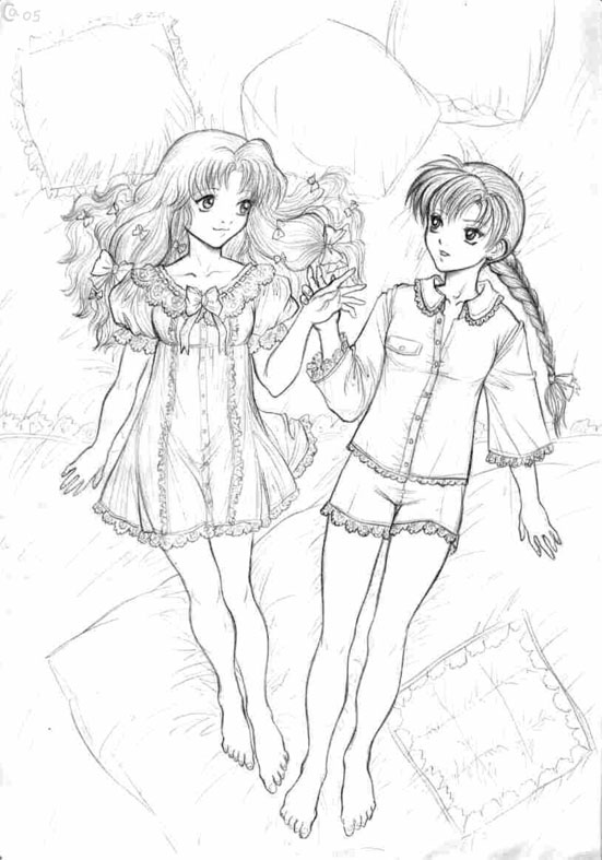 2girls barefoot bed braid camisole eye_contact fire_emblem fire_emblem:_rekka_no_ken fire_emblem_blazing_sword florina florina_(fire_emblem) friends from_above hair_ribbon hand_holding legs long_hair looking_at_another lyn lyndis_(fire_emblem) monochrome multiple_girls nintendo pajamas pillow ribbon smile young younger