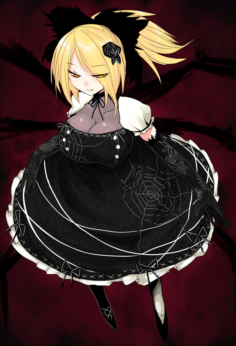 alternate_costume black_dress blonde_hair bow breasts bug buttons cleavage dress elbow_gloves floral_print flower gloves hair_bow hair_flower hair_ornament hair_over_one_eye han_(jackpot) kurodani_yamame large_breasts neck_ribbon ponytail ribbon silk smile solo spider spider_web touhou yellow_eyes