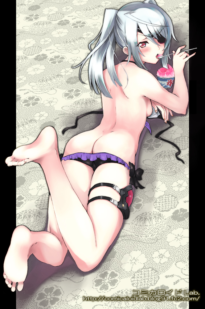 ass barefoot bikini butt_crack eyepatch feet hakase_tatsurou infinite_stratos kooribata laura_bodewig long_hair looking_back lying on_stomach pillarboxed red_eyes shaved_ice silver_hair soles solo spoon swimsuit toes twintails untied