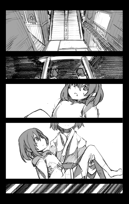 animal_ears blush carrying cat_ears comic greyscale hood hoodie japanese_clothes kitsune_(kazenouta) lifting looking_up monochrome multiple_girls open_mouth original princess_carry scenery short_hair skirt stairs sweatdrop torii