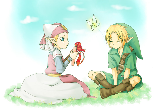 1girl blonde_hair blue_eyes closed_eyes fairy hat inumimi_moeta link navi pointy_ears princess_zelda smile the_legend_of_zelda the_legend_of_zelda:_ocarina_of_time young_link young_zelda