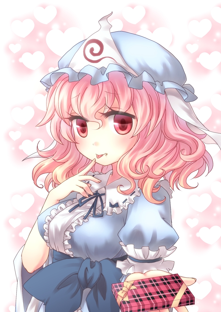 :p breasts finger_to_mouth food food_on_face ghost gift hat heart holding holding_gift incoming_gift japanese_clothes md5_mismatch medium_breasts miruki pink_eyes pink_hair saigyouji_yuyuko short_hair solo tongue tongue_out touhou upper_body valentine