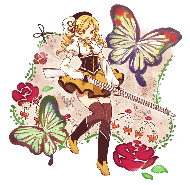 anthony_(madoka_magica) beret blonde_hair bug butterfly drill_hair fingerless_gloves gloves hair_ornament hat insect magical_girl mahou_shoujo_madoka_magica pentagon puffy_sleeves scissors solo striped striped_legwear thighhighs tomoe_mami vertical-striped_legwear vertical_stripes yellow_eyes