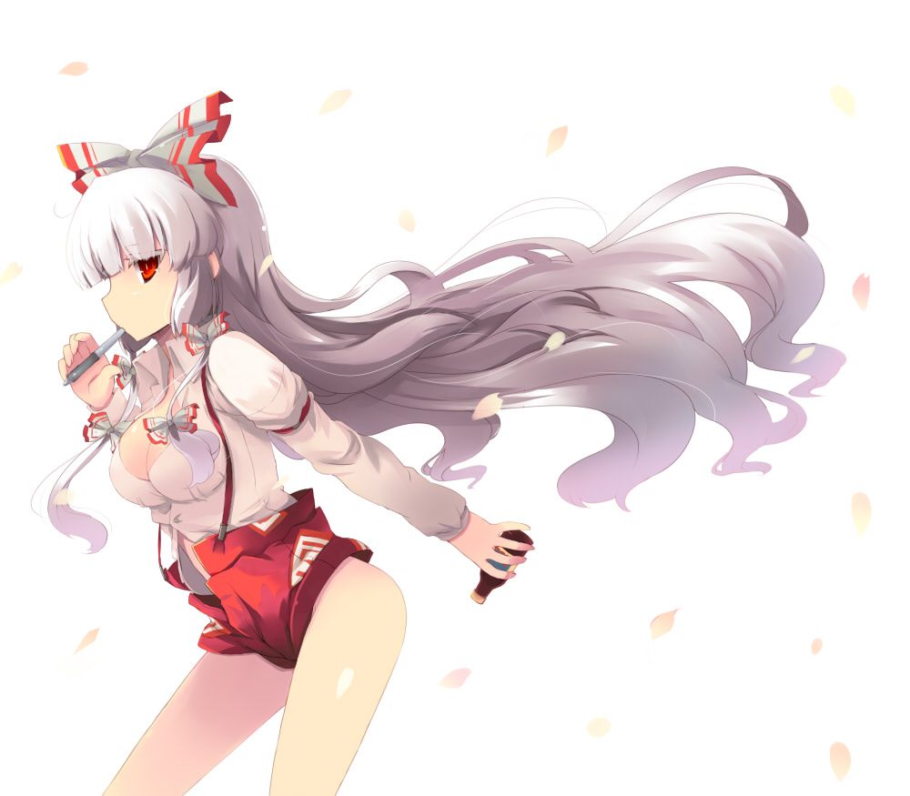 bare_legs bottle bow comic drink floating_hair fujiwara_no_mokou hair_bow hair_ribbon impossible_clothes impossible_shirt long_hair mouth_hold pen petals profile red_eyes ribbon shin_(new) shirt shorts simple_background solo suspenders touhou very_long_hair wavy_hair white_hair