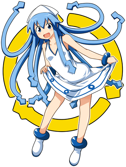 blue_eyes blue_hair dress dress_lift fumihiro hat ikamusume long_hair shinryaku!_ikamusume solo tentacle_hair
