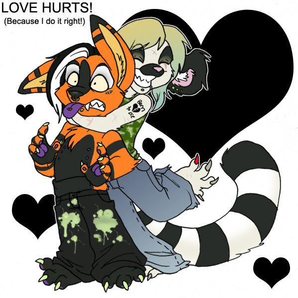&hearts; couple ear_piercing female holly_massey hug kaku lemur love male pants piercing scar teeth_clenched tongue tongue_piercing topless zeriara_(character)