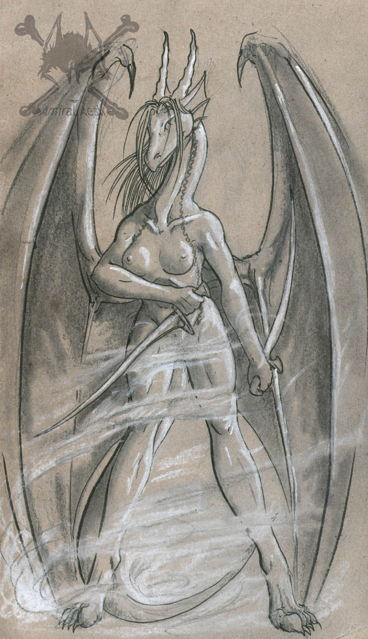 amiral_aesir breasts dragon female nude scalie solo weapon wings