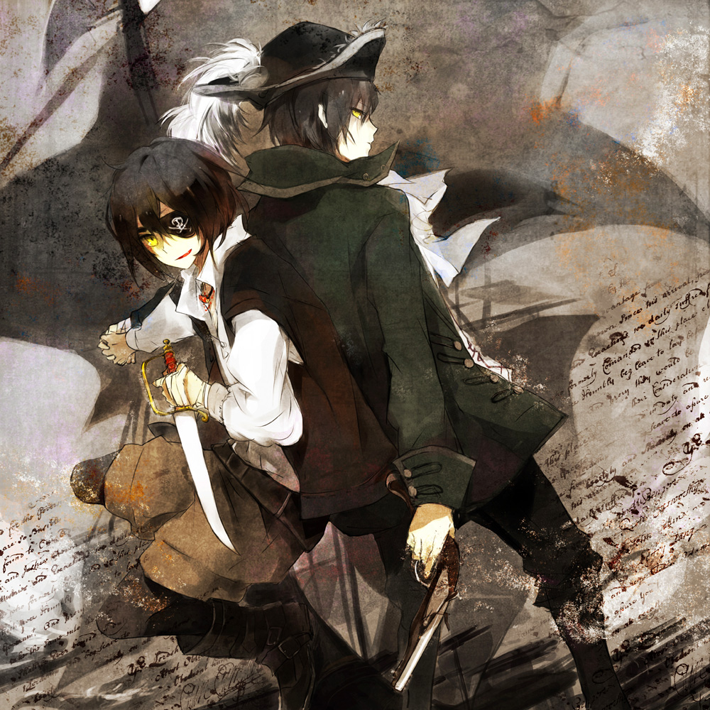 back-to-back bad_id bad_pixiv_id black_hair eyepatch feathers gun hat hat_feather holding_hands i-riya male_focus multiple_boys original pirate pirate_hat smile sword weapon yellow_eyes
