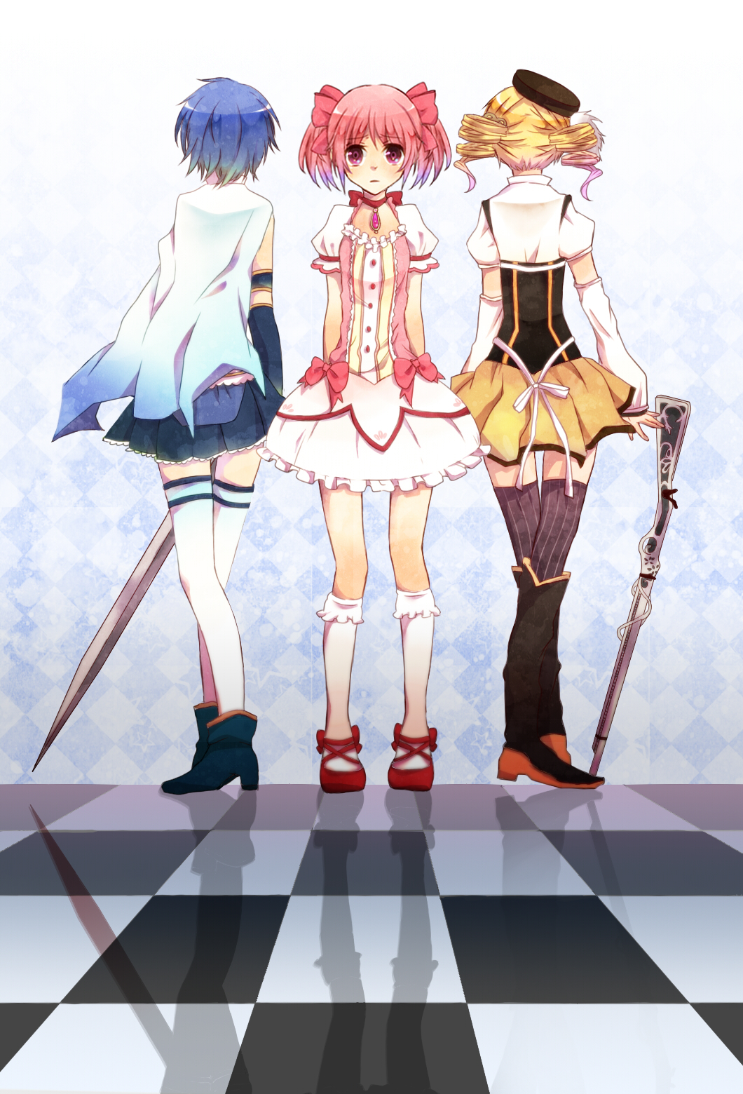 bad_id bad_pixiv_id bubble_skirt checkered checkered_floor gun highres kaname_madoka magical_girl magical_musket mahou_shoujo_madoka_magica miki_sayaka multiple_girls rifle shoes skirt sword thighhighs tomoe_mami tomokichi_(pixiv853592) weapon