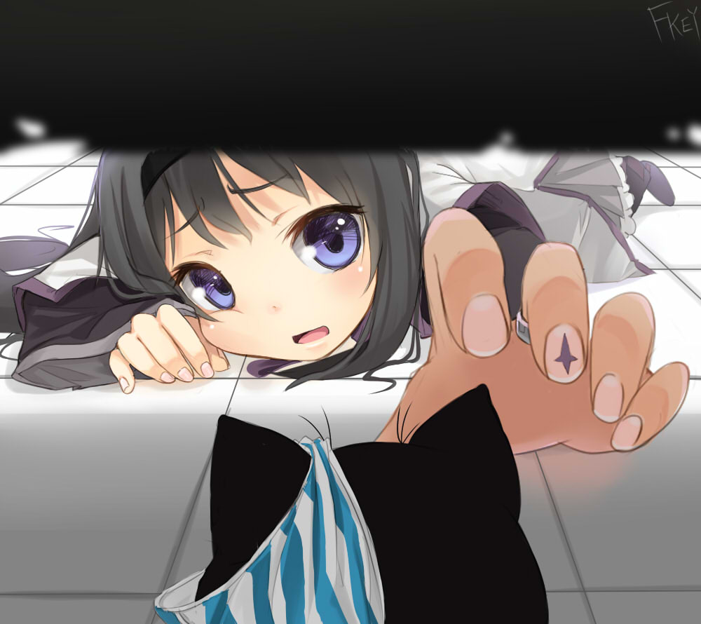 akemi_homura amy_(madoka_magica) black_hair blue_eyes cat face fingernails fkey foreshortening hairband hands magical_girl mahou_shoujo_madoka_magica nail_art open_mouth outstretched_arm panties pantyhose purple_eyes reaching signature solo striped striped_panties tile_floor tiles underwear