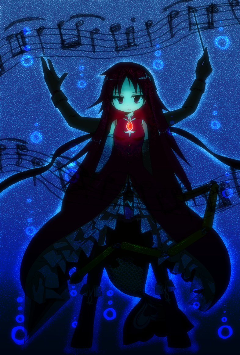 alternate_hairstyle bad_id bad_pixiv_id baton_(instrument) blue blue_background blue_plan bubble conductor dark detached_sleeves expressionless glowing long_hair magical_girl mahou_shoujo_madoka_magica mermaid miki_sayaka monster_girl multiple_girls musical_note oktavia_von_seckendorff red_eyes red_hair sakura_kyouko silhouette solo_focus soul_gem spoilers staff_(music) standing witch's_labyrinth