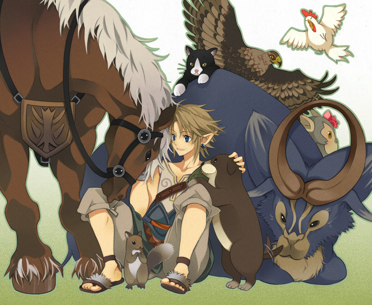 animal bad_id bad_pixiv_id bird blonde_hair blue_eyes cat chicken dog eagle earrings epona goat horse jewelry kame_tora link male_focus monkey pointy_ears sheep solo squirrel the_legend_of_zelda the_legend_of_zelda:_twilight_princess