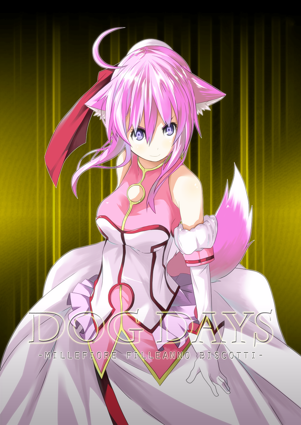 ahoge animal_ears arm_gloves bare_shoulders dog_days dog_ears dog_tail dress hair_ribbon highres millhiore_f_biscotti pink_hair purple_eyes ribbon short_hair smile solo tail