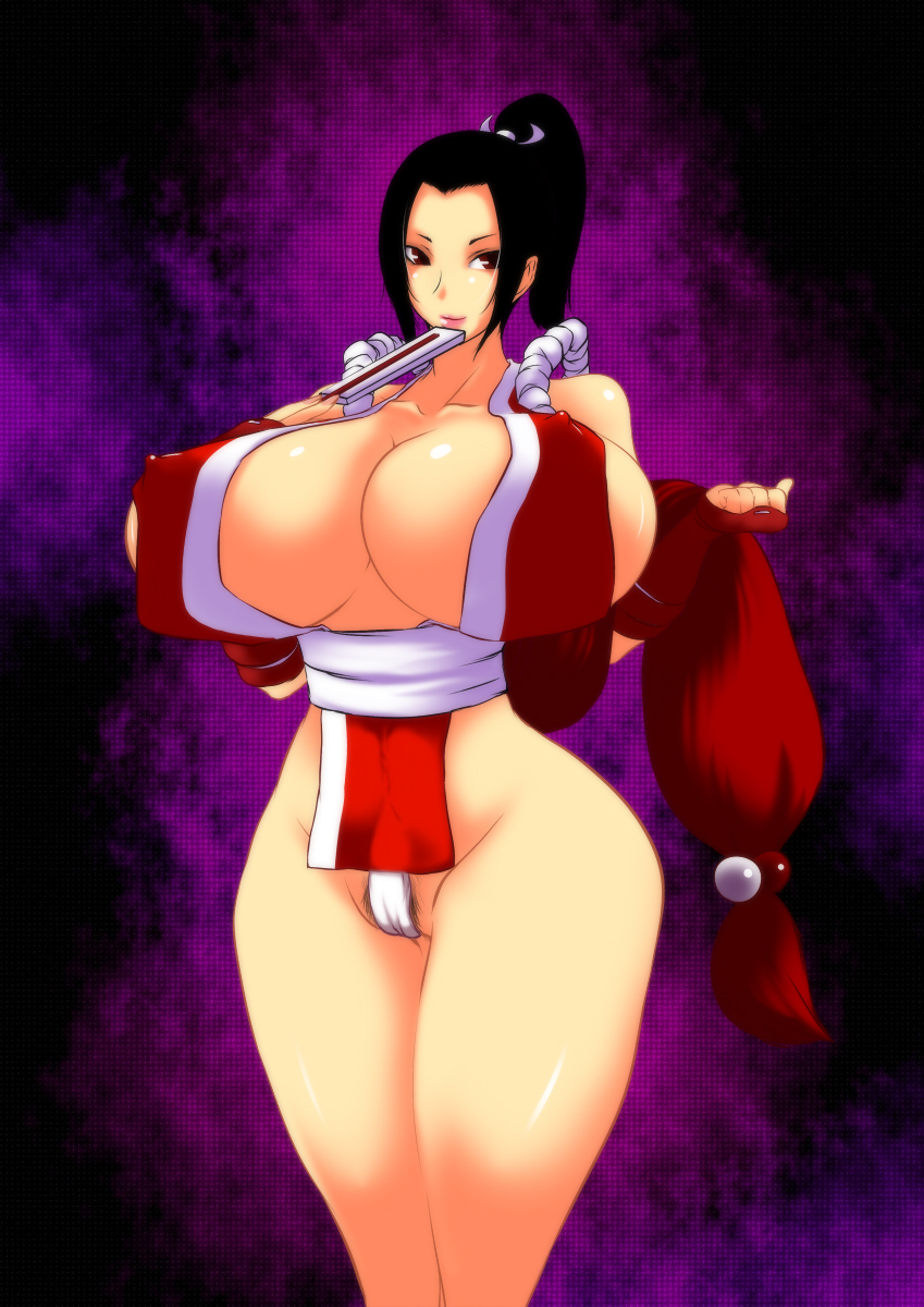 7961_shiki breasts cameltoe cleavage curvy erect_nipples fan fatal_fury highres hips huge_breasts japanese_clothes king_of_fighters pubic_hair shiny shiranui_mai smile snk thighs wide_hips