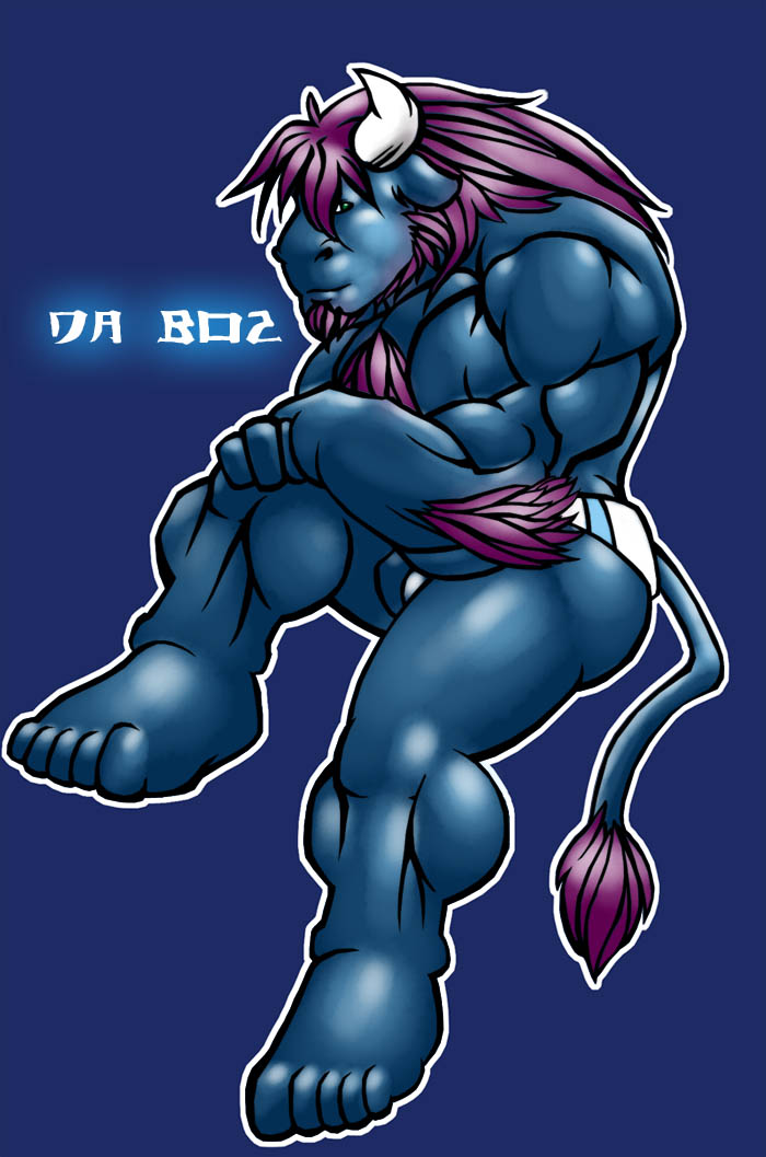 bovine bulge bull horns looking_at_viewer male muscles sitting skimpy solo speedo tail tkc2021 underwear