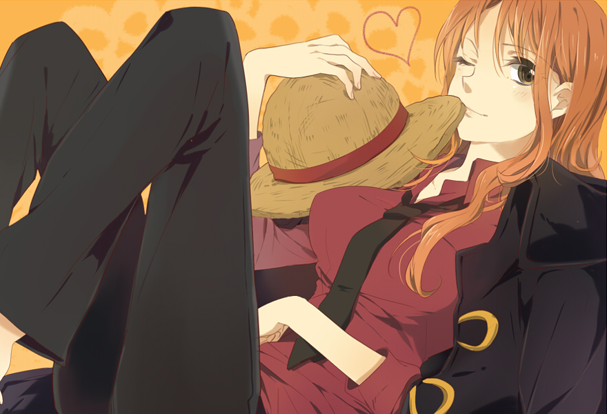 breasts formal hat heart karuha large_breasts long_hair nami_(one_piece) necktie one_eye_closed one_piece one_piece:_strong_world orange_hair pant_suit solo straw_hat suit