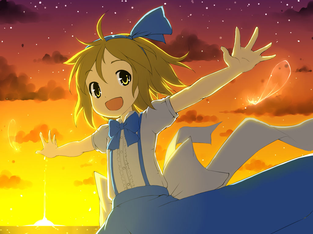 alice_margatroid alice_margatroid_(pc-98) blonde_hair blue_hairband fred04142 hairband happy outstretched_arms sky smile solo spread_arms sunset touhou touhou_(pc-98) upper_body yellow_eyes