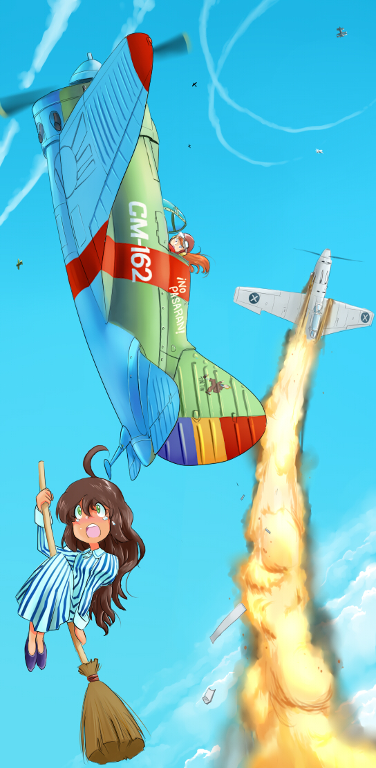 aerial_battle aircraft airplane battle bf_109 broom broom_riding cloud commentary condensation_trail day dress fire flying i-16 inui_(jt1116) long_hair military multiple_girls original sidesaddle sky smoke spanish_civil_war tears