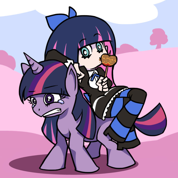 bangs bow candy_apple color_connection crossed_legs crossover food hair_bow heavy horn horse long_hair look-alike multicolored_hair multiple_girls my_little_pony my_little_pony_friendship_is_magic osakaqcvow panty_&amp;_stocking_with_garterbelt parody pony purple_eyes sidelocks simple_background sitting stocking_(psg) striped striped_legwear tears thighhighs twilight_sparkle two-tone_hair unicorn