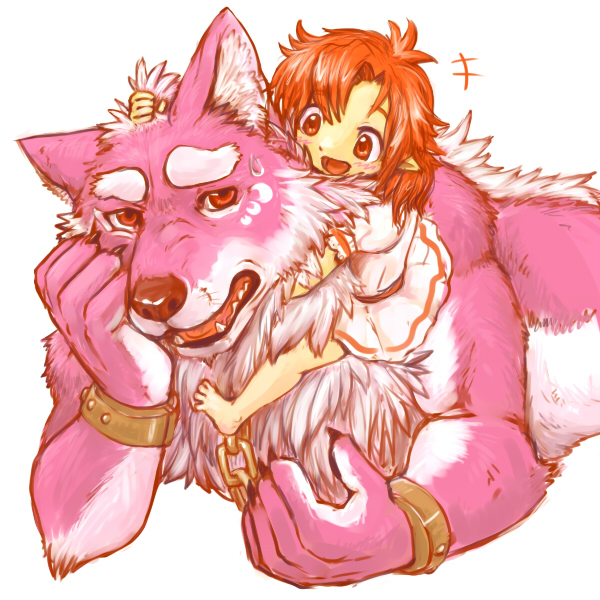 blush canine chain cuffs elf fangs female hug male mokoroko pointy_ears wolf
