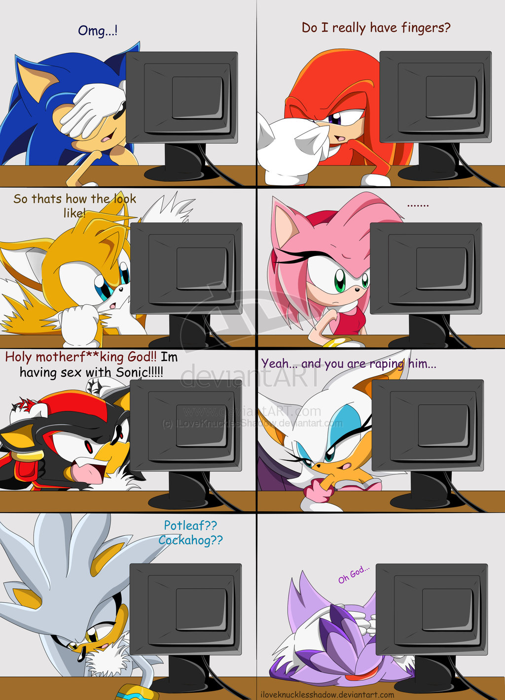 amy_rose bat blaze_the_cat blue blue_eyes canine computer feline female fox funny green_eyes hedgehog iloveknucklesshadow kitsune knuckles_the_echidna male miles_prower multiple_tails pink purple_eyes reaction red red_eyes rouge_the_bat shadow_the_hedgehog silver_the_hedgehog sonic_(series) sonic_the_hedgehog tail what white yellow_eyes
