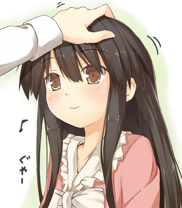 blush brown_eyes brown_hair dress efe face hand_on_another's_head hands houraisan_kaguya long_hair out_of_frame petting pink_dress smile solo_focus touhou upper_body